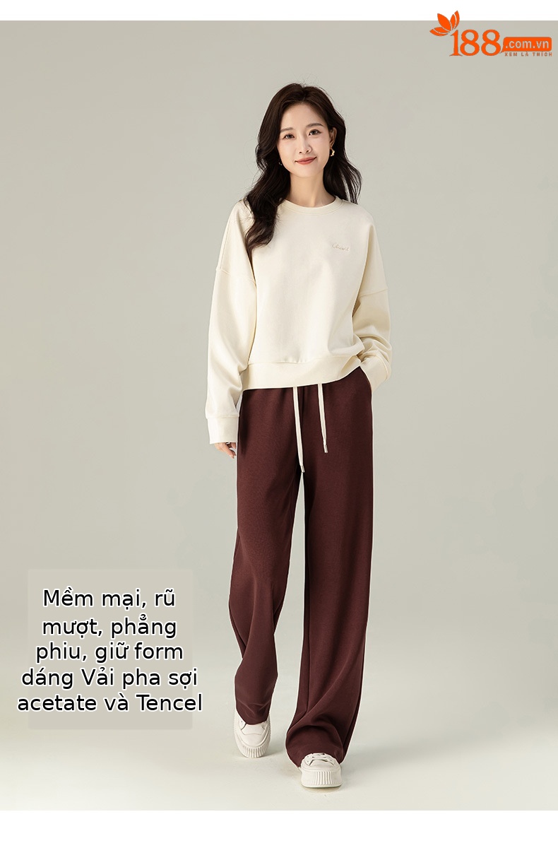 Quần thể thao ống rộng cạp cao dáng suông nữ chất Acetate Tencel mềm mại — Màu trắng be chi tiết 14