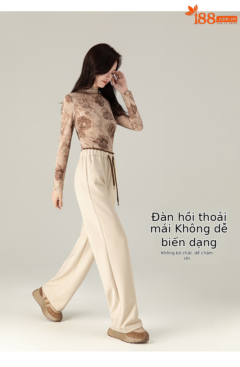 Quần thể thao ống rộng cạp cao dáng suông nữ chất Acetate Tencel mềm mại — Màu trắng be chi tiết 15