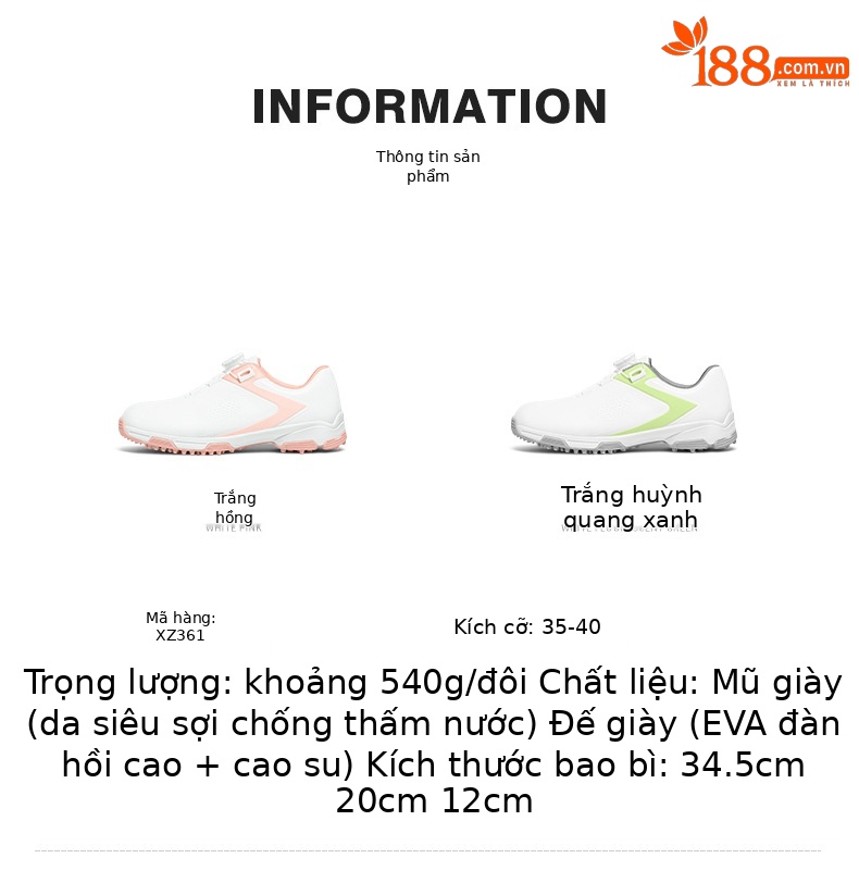 Giày Golf Nữ PGM Chống Nước Thoáng Khí Tăng Chiều Cao Núm Xoay — XZ361 [chống thấm nước/chống trượt/dây giày núm] Màu trắng huỳnh quang xanh, XZ361 [chống thấm nước/chống trượt/dây giày núm] trắng hồng chi tiết 2