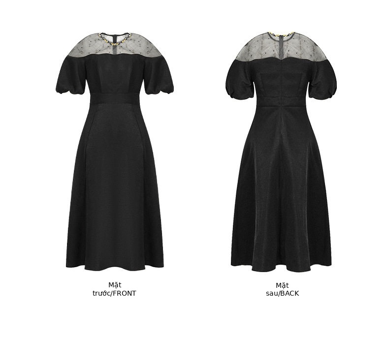 Đầm maxi nữ thắt eo dáng xòe cổ tròn tay bồng — [Đen] chi tiết 3