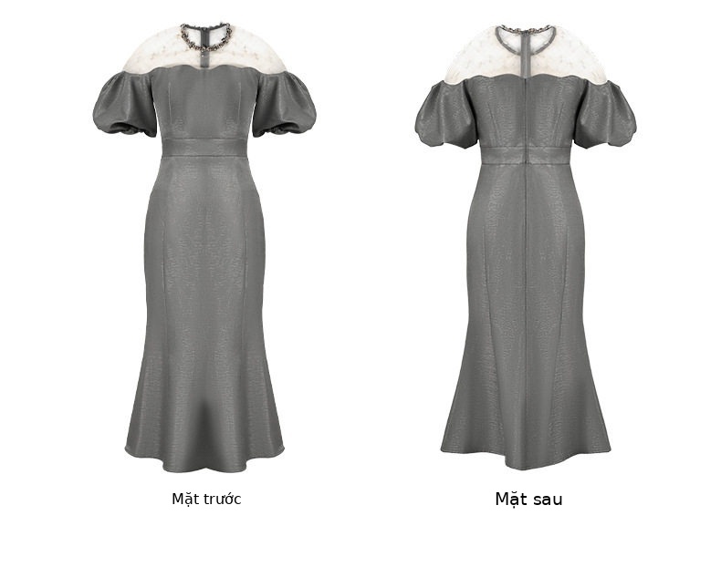 Đầm maxi nữ tay phồng đuôi cá ôm eo — [Xám vàng], [Đen] chi tiết 4