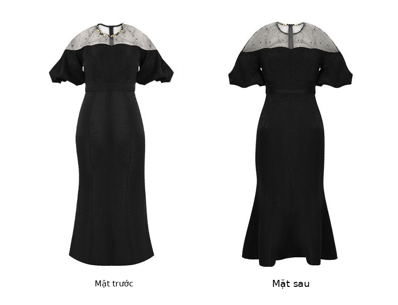Đầm maxi nữ tay phồng đuôi cá ôm eo — [Xám vàng], [Đen] chi tiết 5