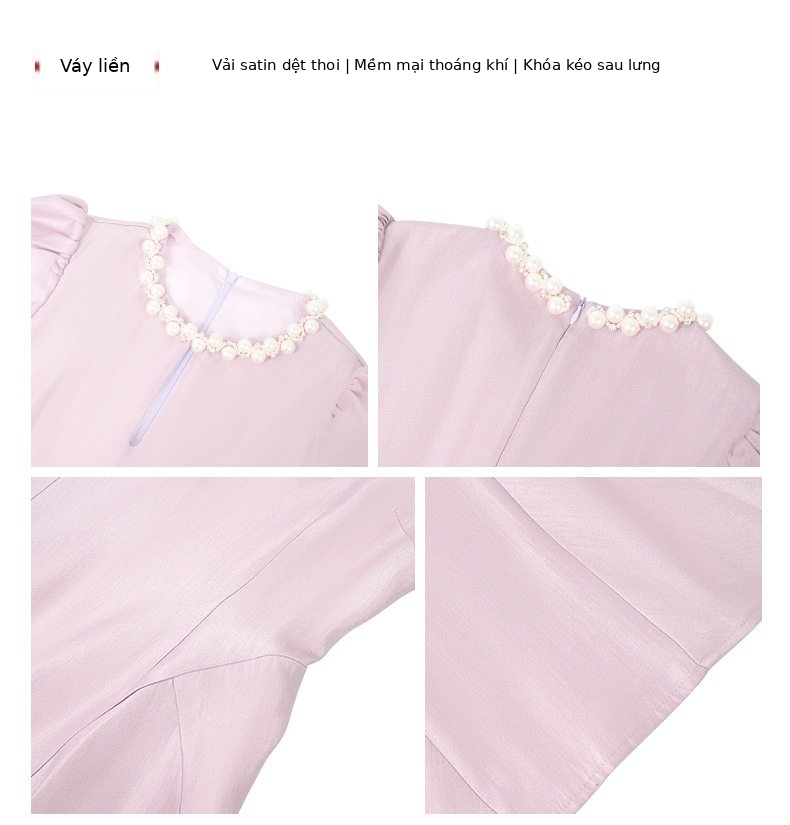 Đầm maxi nữ tay ngắn cổ tròn thắt eo dáng suông — [Đen], [Xanh bạc hà], [Tím] chi tiết 3
