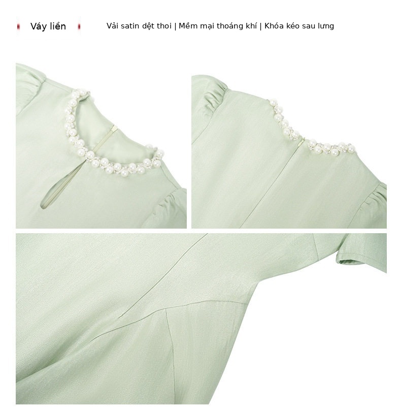 Đầm maxi nữ tay ngắn cổ tròn thắt eo dáng suông — [Đen], [Xanh bạc hà], [Tím] chi tiết 4