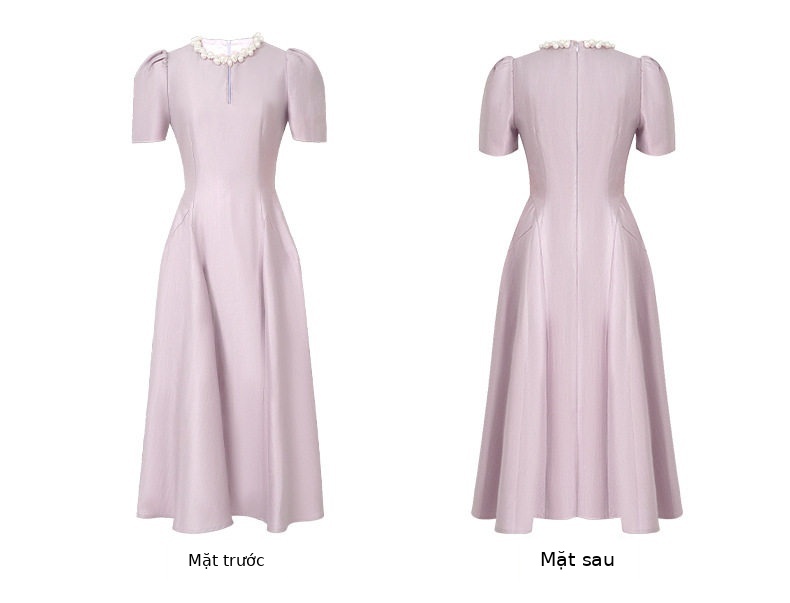 Đầm maxi nữ tay ngắn cổ tròn thắt eo dáng suông — [Đen], [Xanh bạc hà], [Tím] chi tiết 8