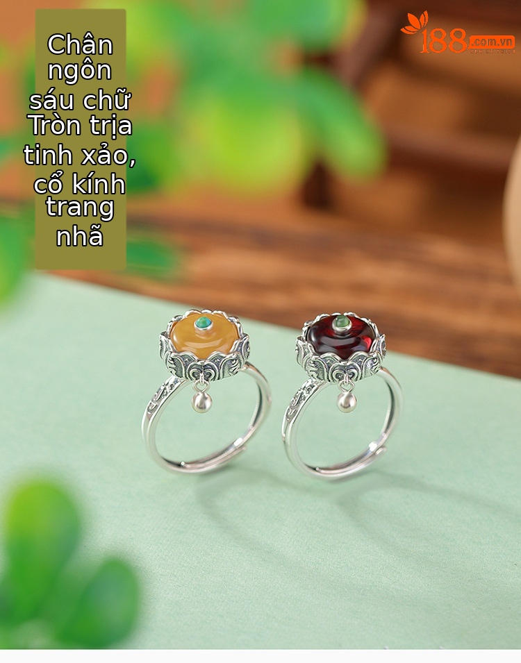 Nhẫn bạc S925 hình nai khắc chú lục tự đại minh, mặt hổ phách máu cổ điển, có thể xoay — Mẫu sáp ong chi tiết 1