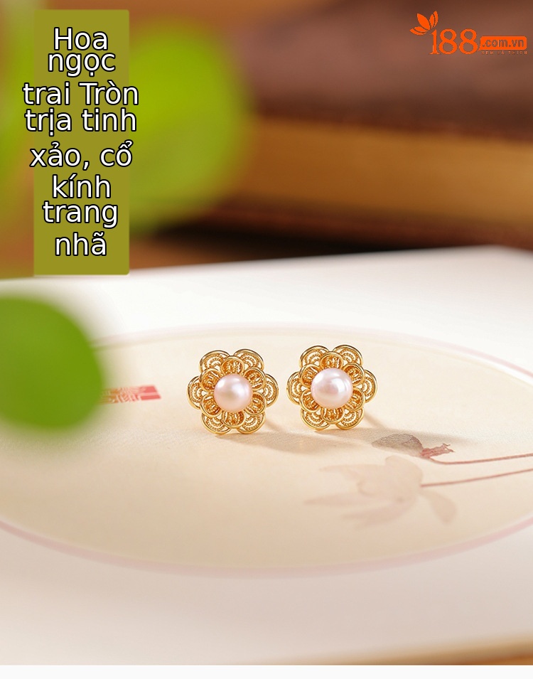 Bông tai bạc S925 mạ vàng họa tiết hoa rỗng đính ngọc trai nước ngọt — Kiểu màu bạc chi tiết 1