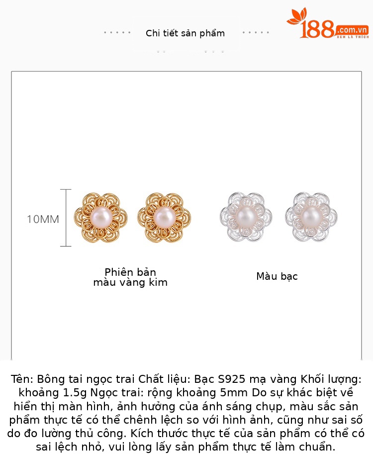 Bông tai bạc S925 mạ vàng họa tiết hoa rỗng đính ngọc trai nước ngọt — Kiểu màu bạc chi tiết 2
