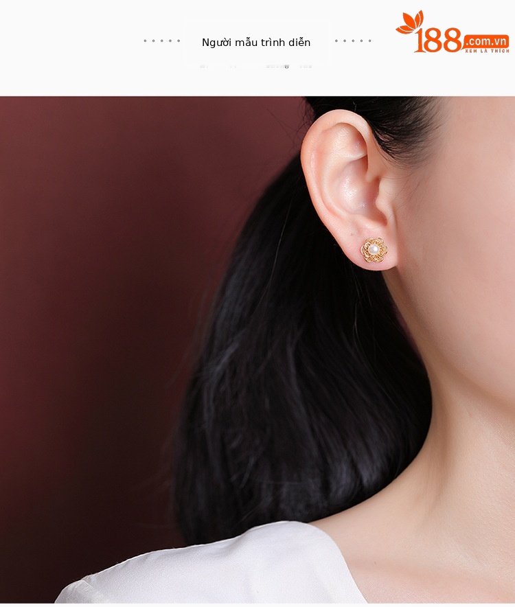 Bông tai bạc S925 mạ vàng họa tiết hoa rỗng đính ngọc trai nước ngọt — Kiểu màu bạc chi tiết 5