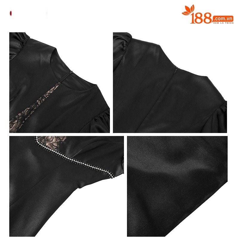 Đầm chữ A tay phồng ôm eo bodycon nữ kiểu Pháp — Màu đen chi tiết 2