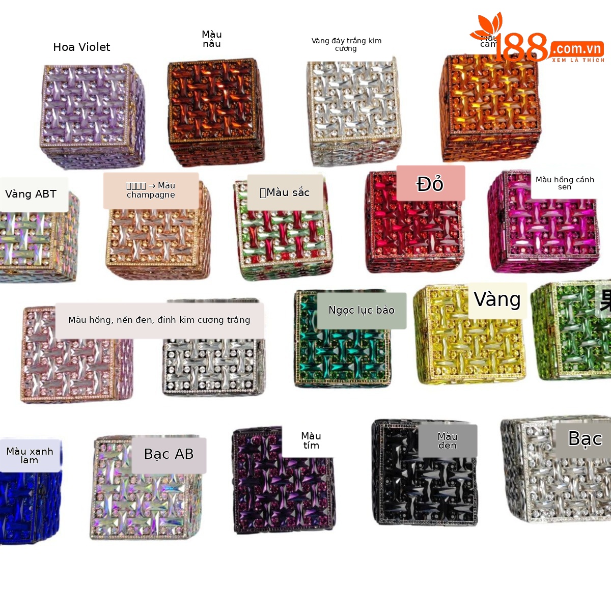 Túi clutch nữ đính kim cương dáng hộp vuông nhỏ dự tiệc — Nền vàng kim cương trắng, Vàng AB, Bạc AB, Màu bạc