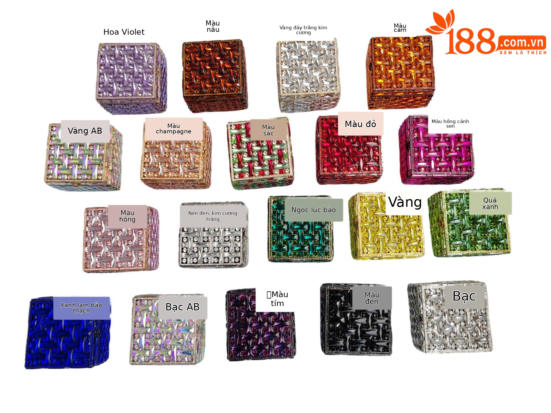 Túi clutch nữ đính kim cương dáng hộp vuông nhỏ dự tiệc — Nền vàng kim cương trắng, Vàng AB, Bạc AB, Màu bạc chi tiết 26