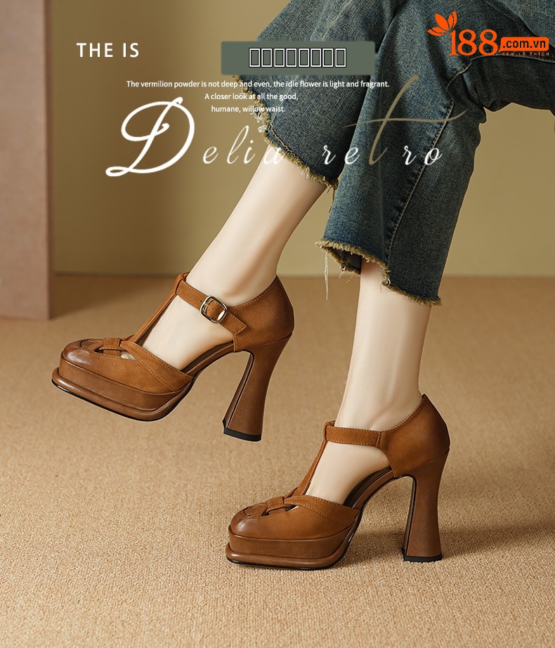 Giày sandal cao gót nữ bít mũi hở gót, quai chữ T, gót 12 cm, đế thô — Màu caramel chi tiết 1
