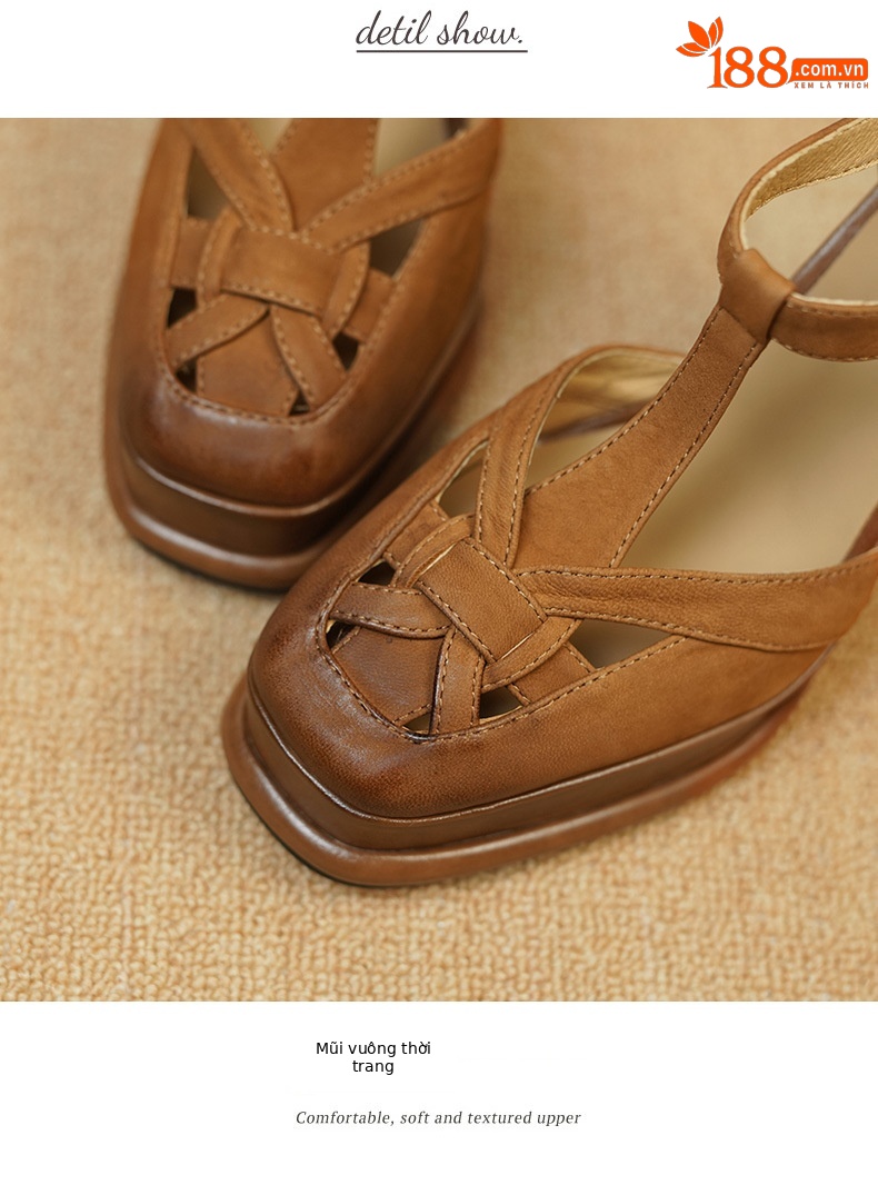 Giày sandal cao gót nữ bít mũi hở gót, quai chữ T, gót 12 cm, đế thô — Màu caramel chi tiết 9