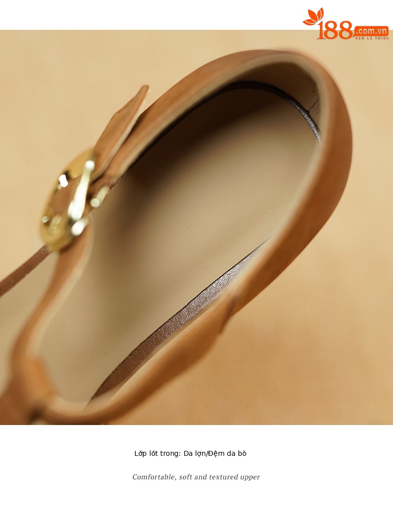 Giày sandal cao gót nữ bít mũi hở gót, quai chữ T, gót 12 cm, đế thô — Màu caramel chi tiết 10