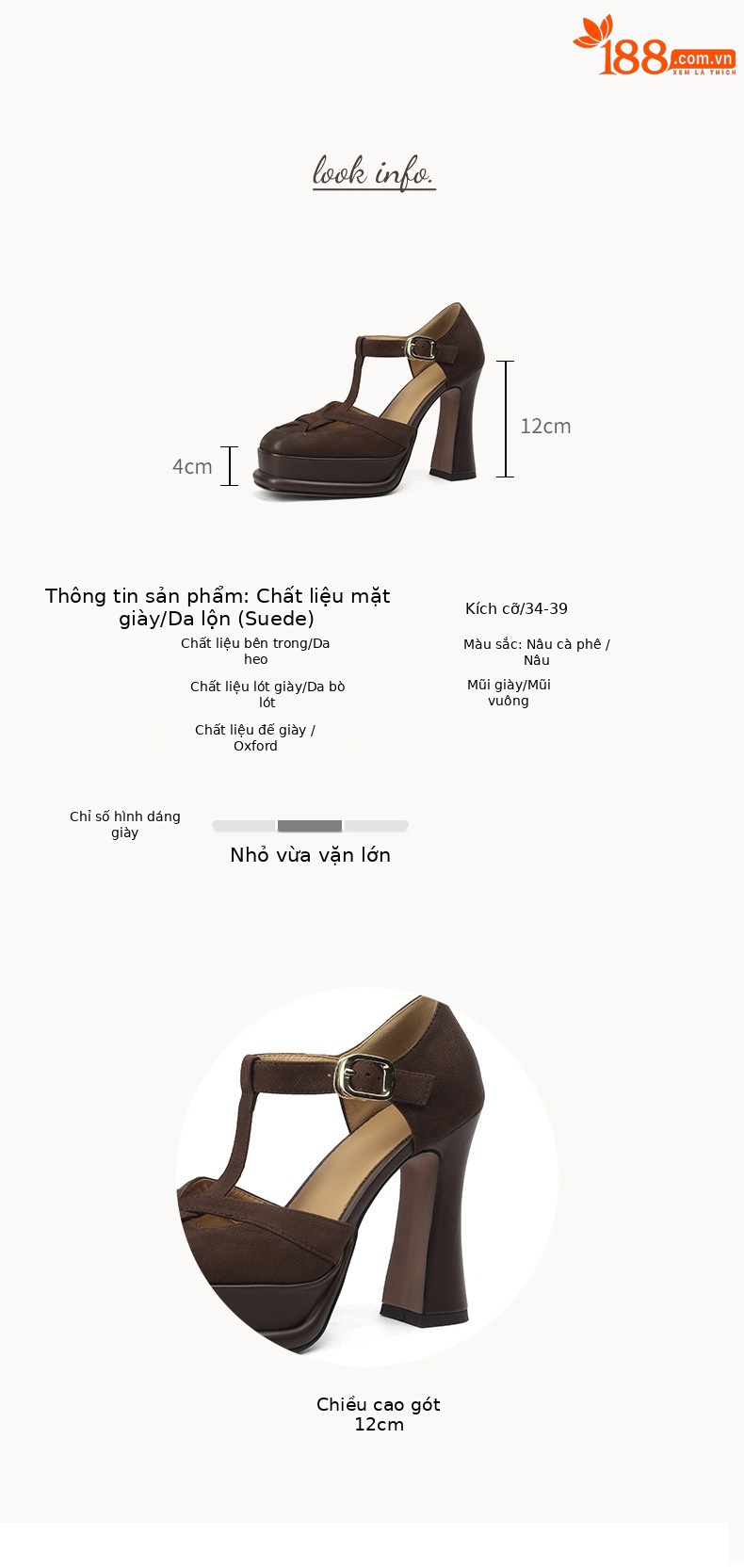 Giày sandal cao gót nữ bít mũi hở gót, quai chữ T, gót 12 cm, đế thô — Màu caramel chi tiết 2