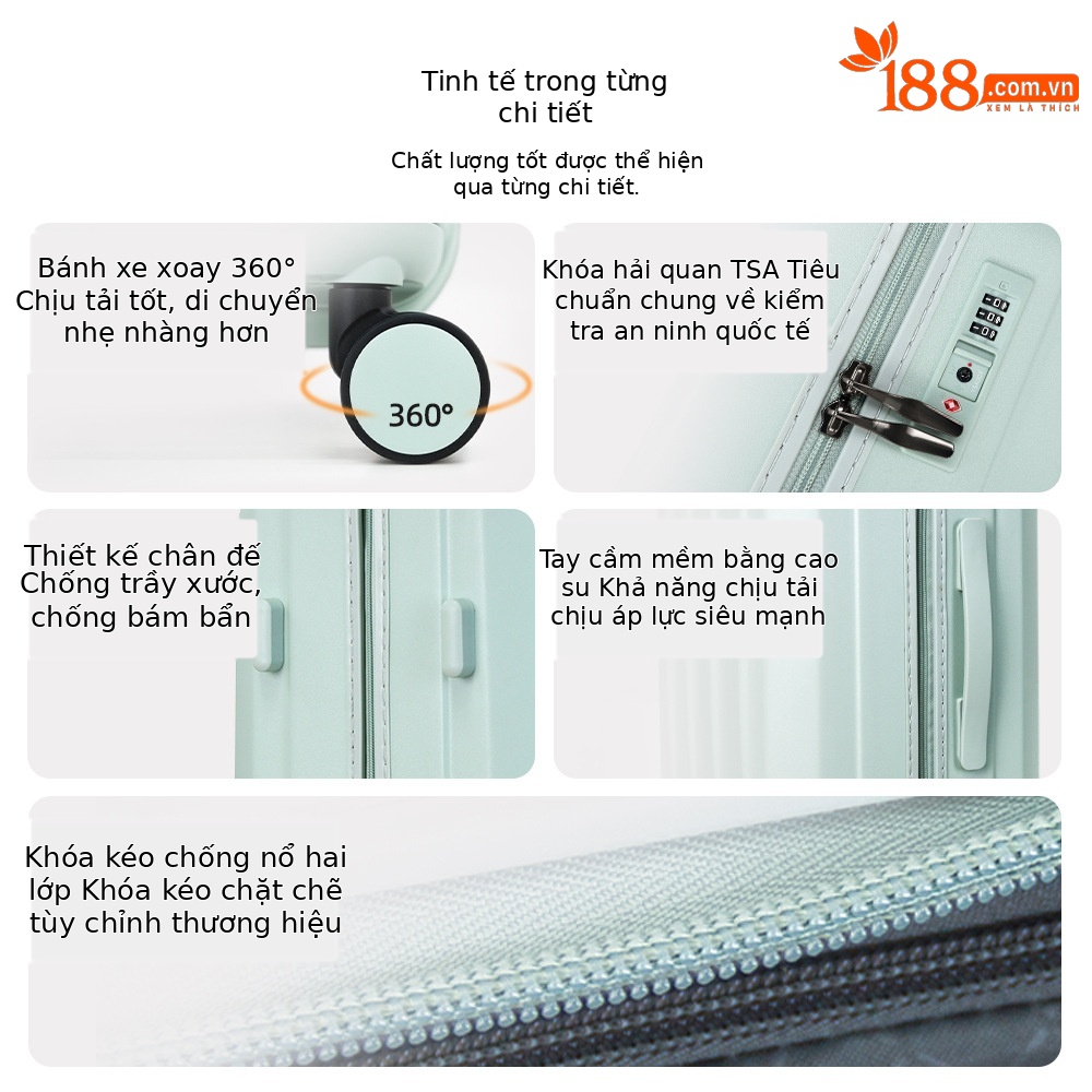 Vali kéo chống nổ hai lớp siêu nhẹ bánh xe đa hướng 20 inch — Ca rô trắng, Màu đen, Xám đậm, Xanh lục nhạt