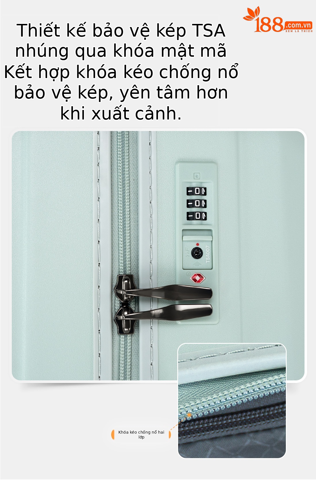 Vali kéo chống nổ hai lớp siêu nhẹ bánh xe đa hướng 20 inch — Ca rô trắng, Màu đen, Xám đậm, Xanh lục nhạt chi tiết 5