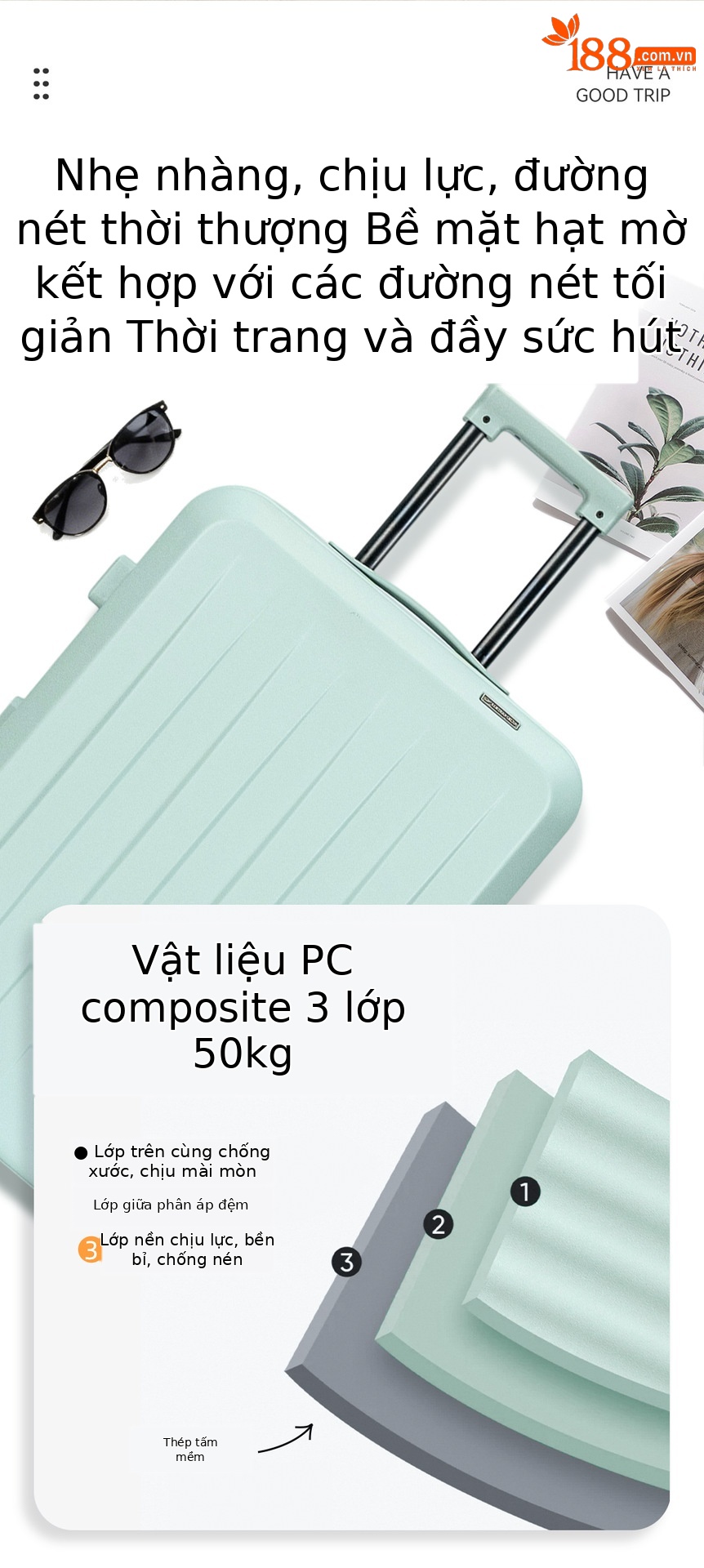 Vali kéo chống nổ hai lớp siêu nhẹ bánh xe đa hướng 20 inch — Ca rô trắng, Màu đen, Xám đậm, Xanh lục nhạt chi tiết 4