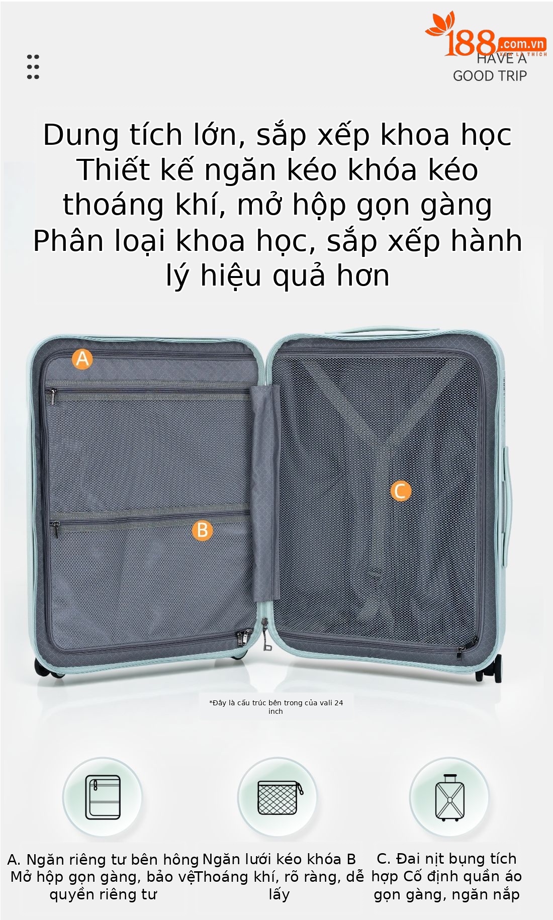 Vali kéo chống nổ hai lớp siêu nhẹ bánh xe đa hướng 20 inch — Ca rô trắng, Màu đen, Xám đậm, Xanh lục nhạt chi tiết 9