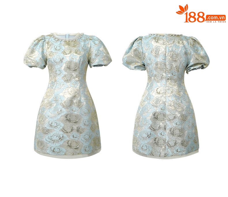 Đầm suông nữ midi cổ tròn in họa tiết tay ngắn phong cách Pháp đính kim cương — Màu xanh lam nhạt chi tiết 3