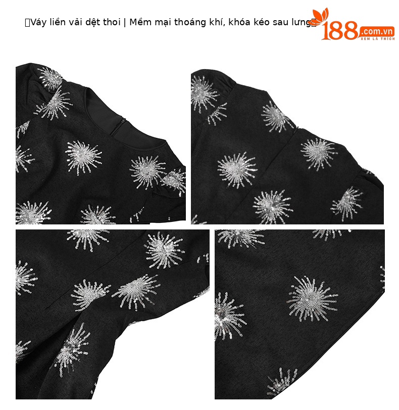 Váy phồng nữ cổ tròn sequin lấp lánh phong cách Pháp 2026 — Màu đen chi tiết 2