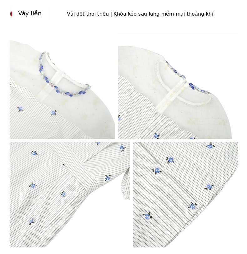 Đầm trắng thiết kế mùa hè cổ tròn phong cách Pháp thêu hoa tay bồng — [Trắng] chi tiết 2