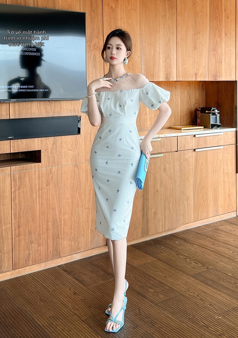 Đầm trắng thiết kế mùa hè cổ tròn phong cách Pháp thêu hoa tay bồng — [Trắng] chi tiết 5
