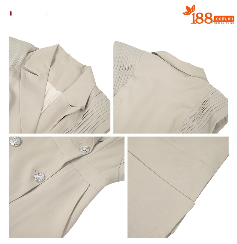 Đầm blazer nữ phong cách Anh cổ vest ve, dáng dài, cúc hai hàng, ôm eo — Màu camel chi tiết 3