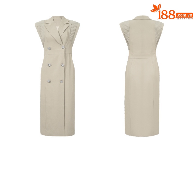 Đầm blazer nữ phong cách Anh cổ vest ve, dáng dài, cúc hai hàng, ôm eo — Màu camel chi tiết 4