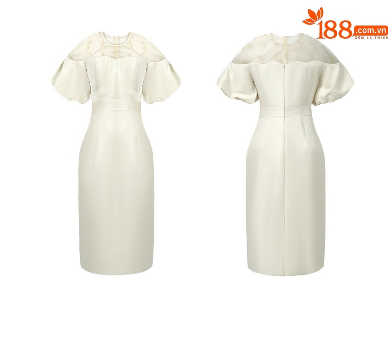 Đầm dự tiệc maxi nữ tay phồng thắt eo kiểu dáng thanh lịch — Màu kem chi tiết 2