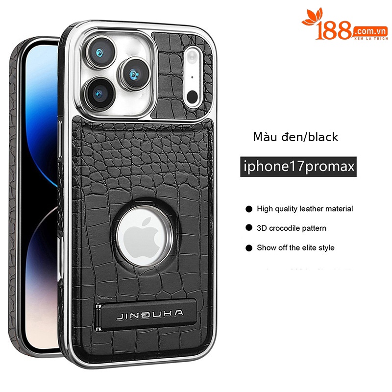 Ốp lưng iPhone 16 Pro Max da vân cá sấu cao cấp, có chân đế và hỗ trợ sạc từ tính — Màu đen, Màu xanh lam, Màu nâu nhạt, Màu nâu đậm