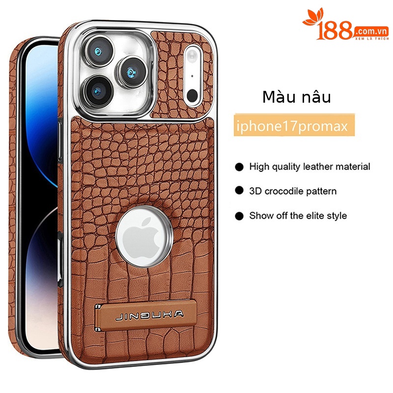 Ốp lưng iPhone 16 Pro Max da vân cá sấu cao cấp, có chân đế và hỗ trợ sạc từ tính — Màu đen, Màu xanh lam, Màu nâu nhạt, Màu nâu đậm chi tiết 13