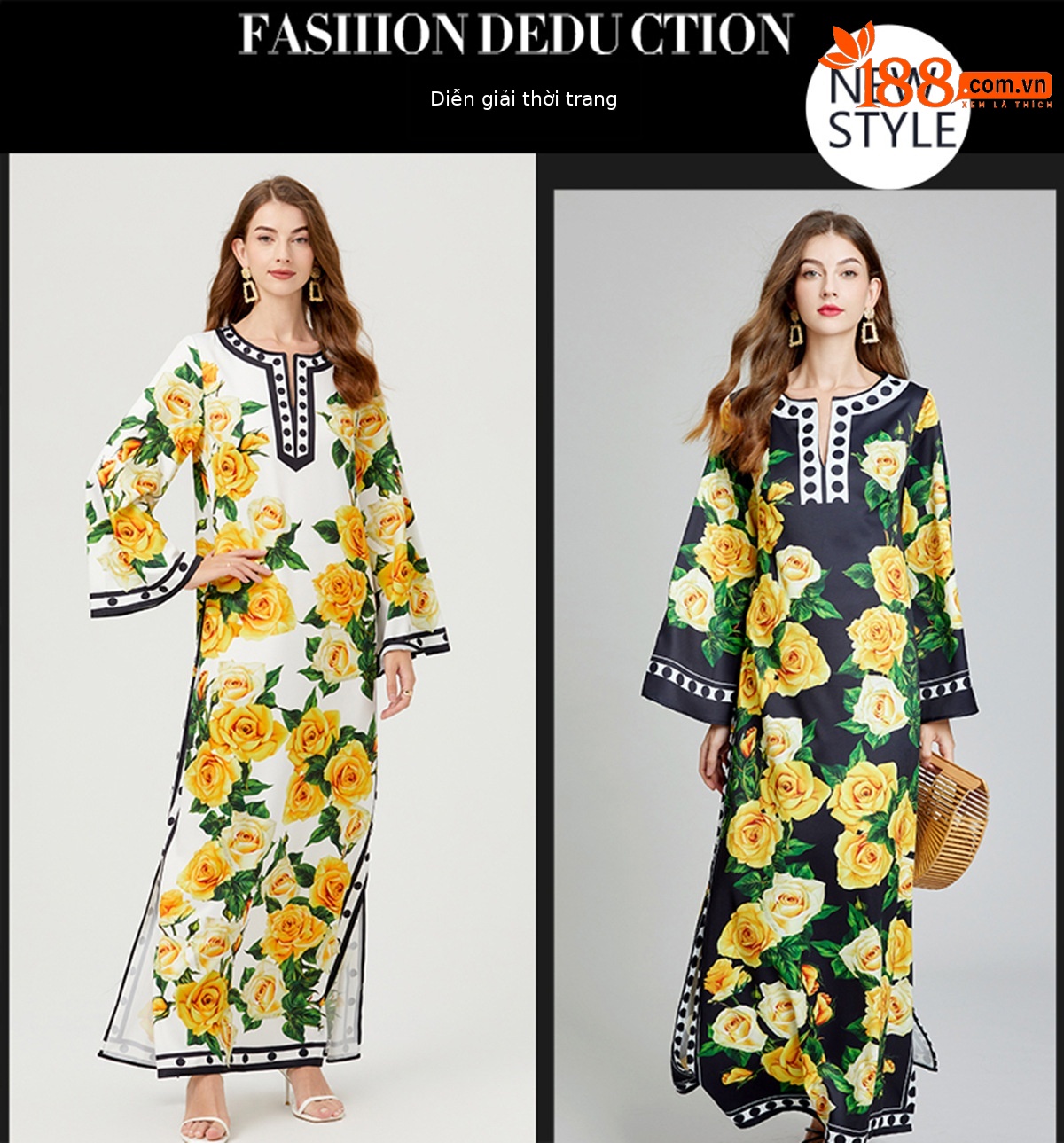 Đầm maxi nữ thắt eo in hoa hồng vàng phong cách nghỉ dưỡng — Màu đen, Màu vàng chi tiết 2