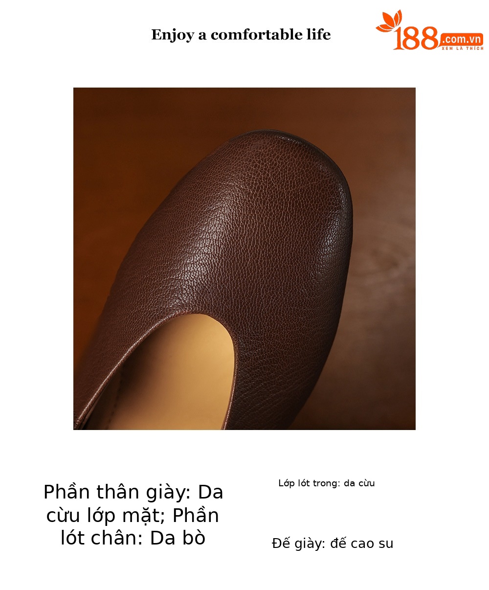 Giày Mary Jane nữ da cừu mũi tròn gót thô thấp, cỡ lớn 34–41 — Màu nâu chi tiết 2
