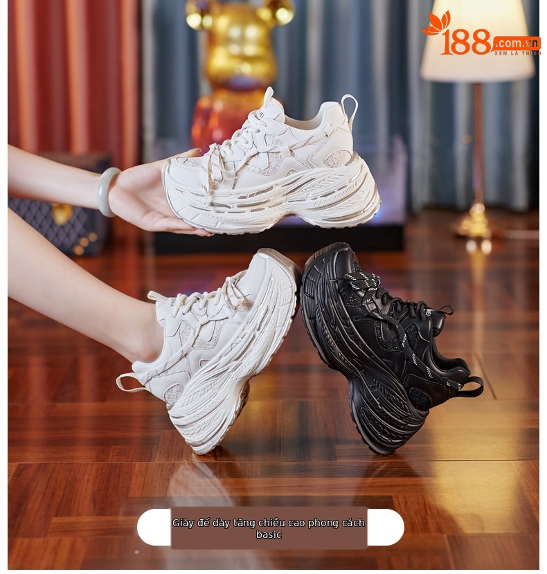 Giày sneaker nữ đế dày độn cao bên trong, phong cách thể thao thường ngày — Màu be chi tiết 1