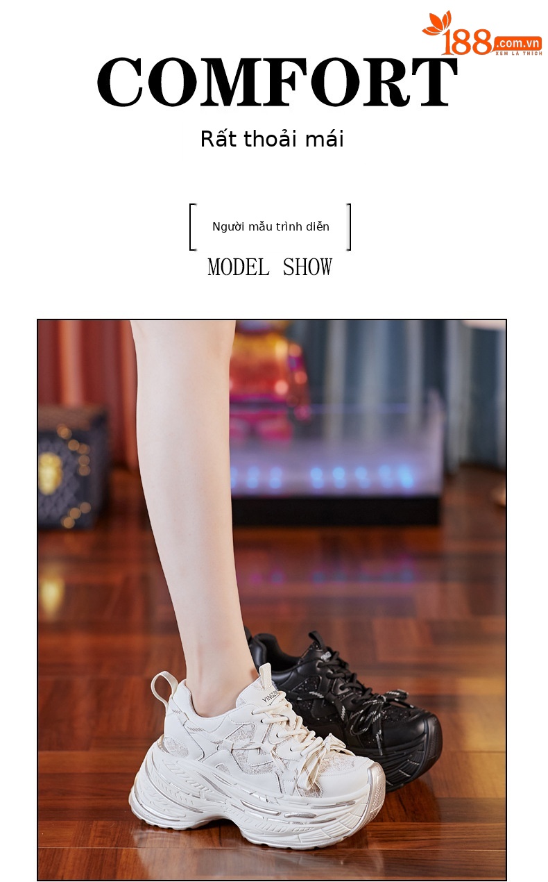 Giày sneaker nữ đế dày độn cao bên trong, phong cách thể thao thường ngày — Màu be chi tiết 9
