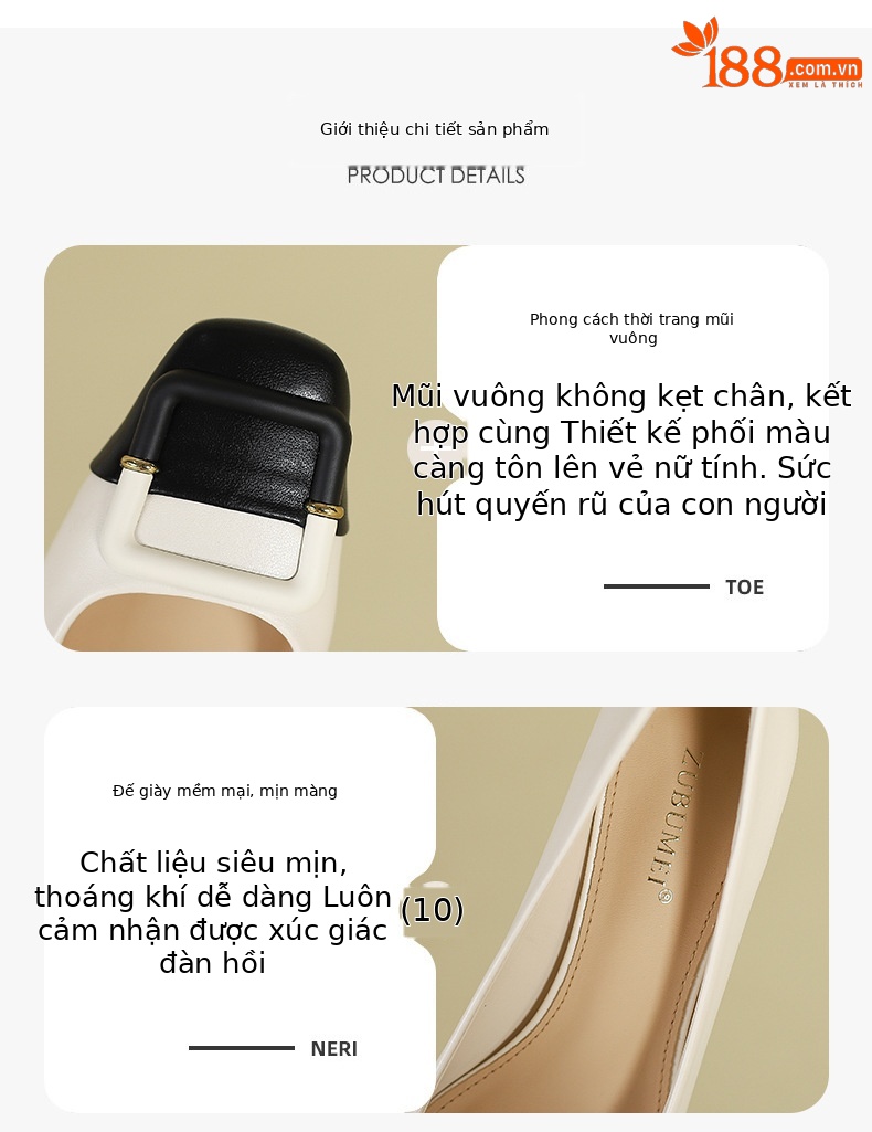 Giày cưới nữ mũi vuông gót thô kiểu Pháp miệng nông — Màu trà sữa chi tiết 2