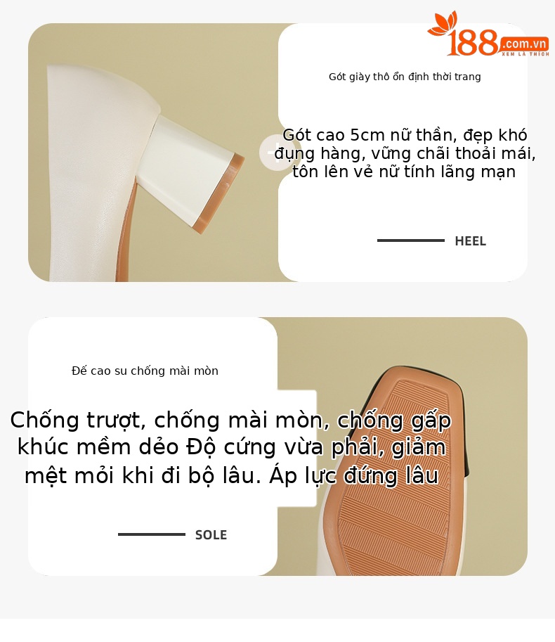 Giày cưới nữ mũi vuông gót thô kiểu Pháp miệng nông — Màu trà sữa chi tiết 3