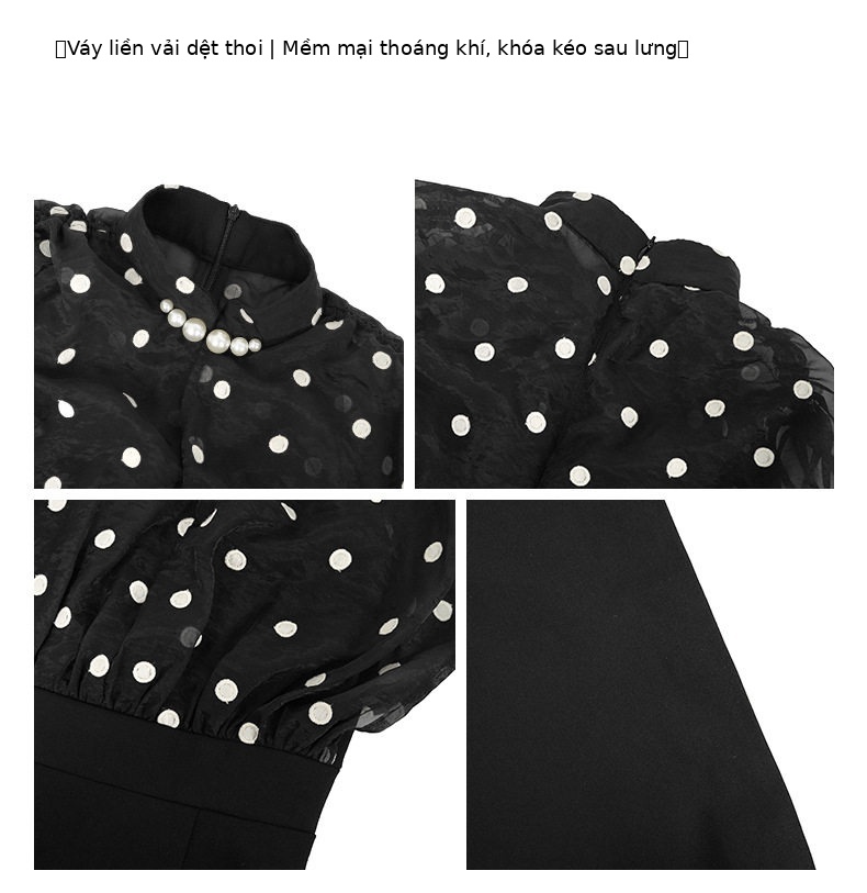 Đầm ôm body nữ cổ đứng tay ngắn phong cách sườn xám retro họa tiết chấm bi — [Màu đen] chi tiết 2