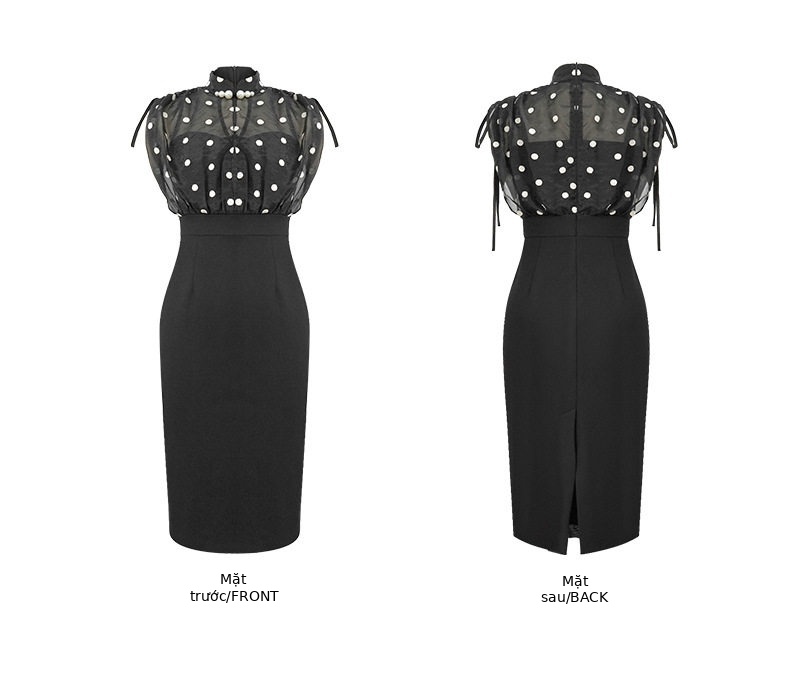Đầm ôm body nữ cổ đứng tay ngắn phong cách sườn xám retro họa tiết chấm bi — [Màu đen] chi tiết 3