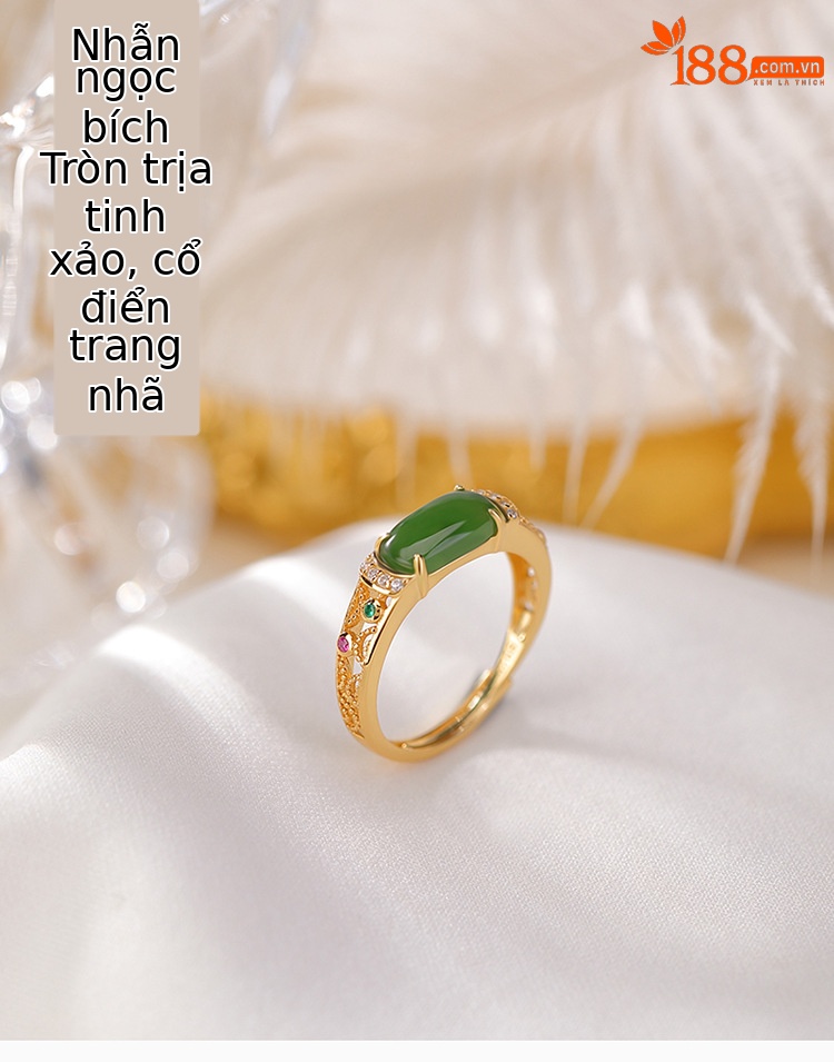 Nhẫn yên xe bạc S925 mạ vàng đính ngọc bích jasper cổ điển sang trọng — Bạc 925 chi tiết 1