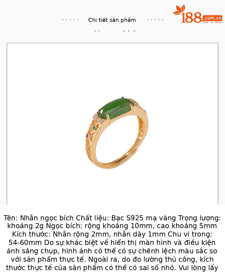Nhẫn yên xe bạc S925 mạ vàng đính ngọc bích jasper cổ điển sang trọng — Bạc 925 chi tiết 2