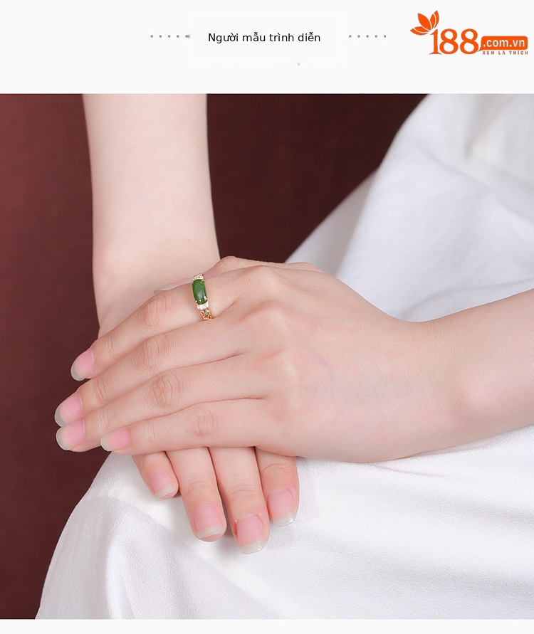 Nhẫn yên xe bạc S925 mạ vàng đính ngọc bích jasper cổ điển sang trọng — Bạc 925 chi tiết 4