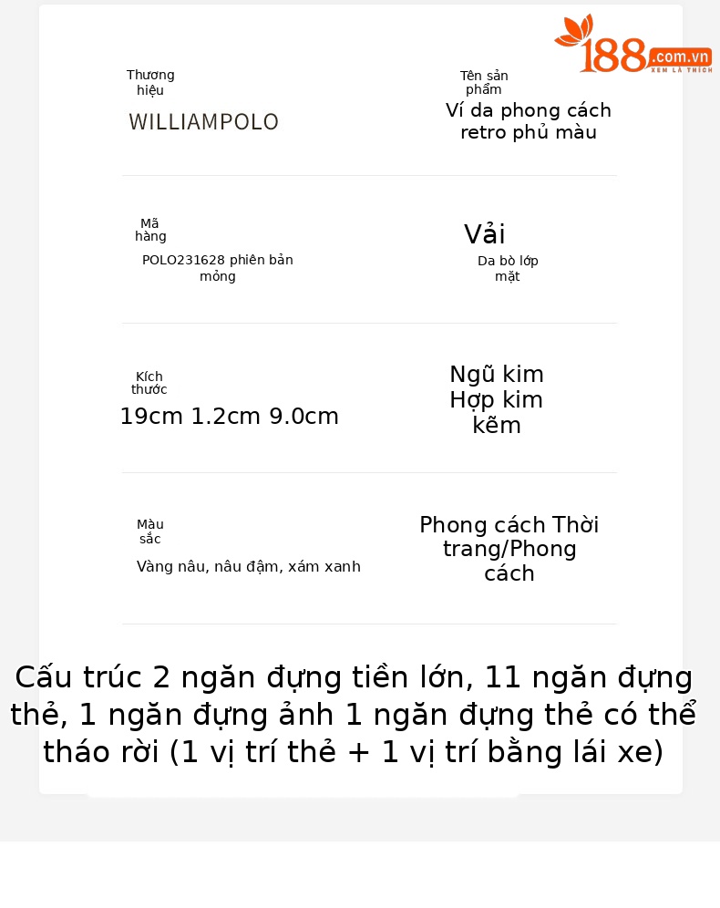 Ví da nam dài cổ điển da bò thật cao cấp phong cách mỏng nhiều khe thẻ chi tiết 11
