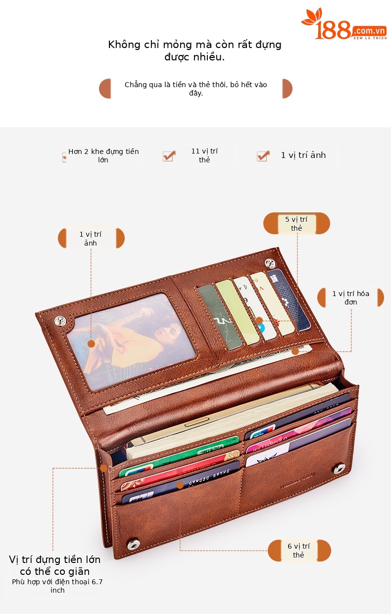 Ví da nam dài cổ điển da bò thật cao cấp phong cách mỏng nhiều khe thẻ chi tiết 24