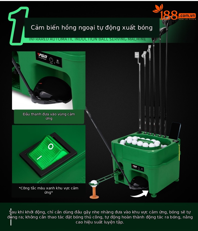 Máy phát bóng golf cảm ứng hồng ngoại PGM đa năng có giá đỡ gậy — Máy phát bóng [màu xanh lá cây], Máy phát bóng [màu xanh lá cây] (trống không có logo) chi tiết 2