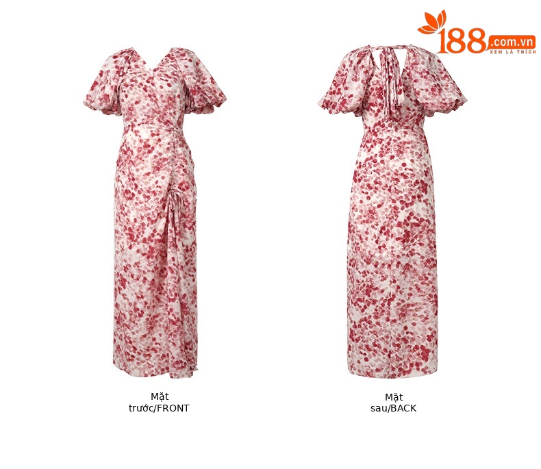 Váy maxi hoa xếp li cổ chữ V tay phồng thắt eo phong cách Pháp — Nền be đỏ chi tiết 4