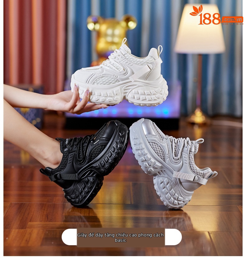 Giày sneaker nữ chunky đế dày độn cao, mặt lưới thoáng khí mùa hè thu — Màu be chi tiết 1