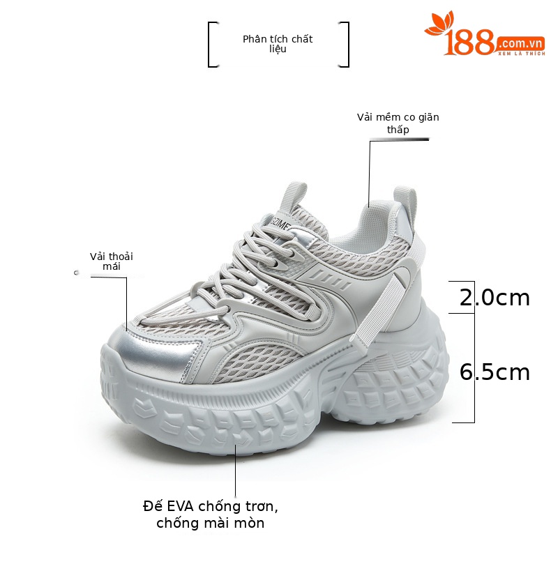 Giày sneaker nữ chunky đế dày độn cao, mặt lưới thoáng khí mùa hè thu — Màu be chi tiết 2